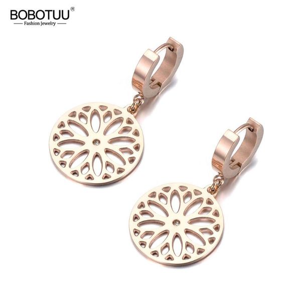 

bobotuu trendy stainless steel cz hollow flower hoop earrings for women girl rose gold ear jewelry for anniversary gift be19074, Golden;silver