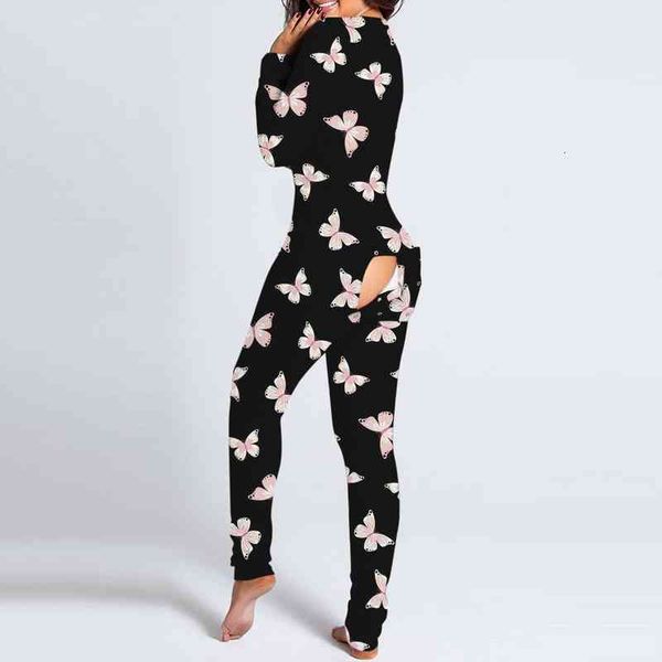 

women pajama onesies sets button-down butterfly print functional buttoned flap adults sleepwear feminina onesies pyjama fille, Black;red