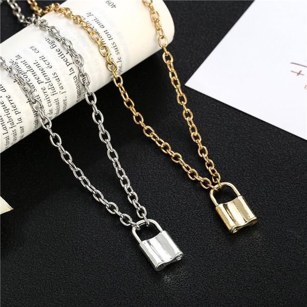 

lock chain pendant necklace punk link chain gold silver color padlock charm necklace women fashion gothic hip hop jewelry1, Golden;silver