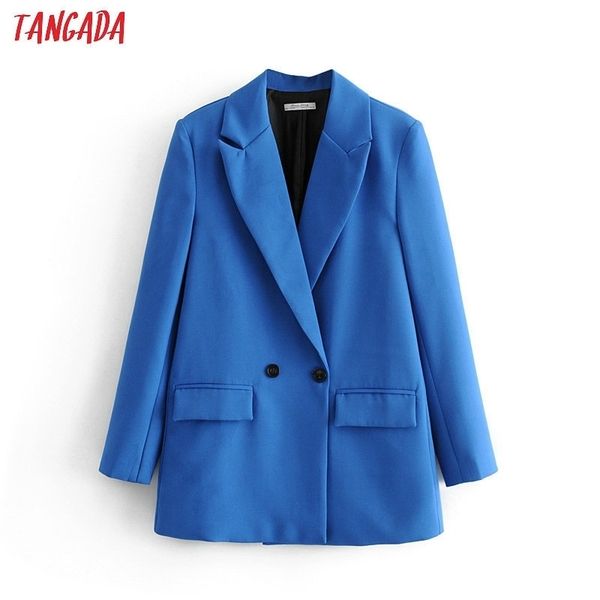 Tangada Mulheres Elegante Azul Dupla Breasted Terno Casaco Designer Escritório Senhoras Blazer Business Wear Tops Da47 201114