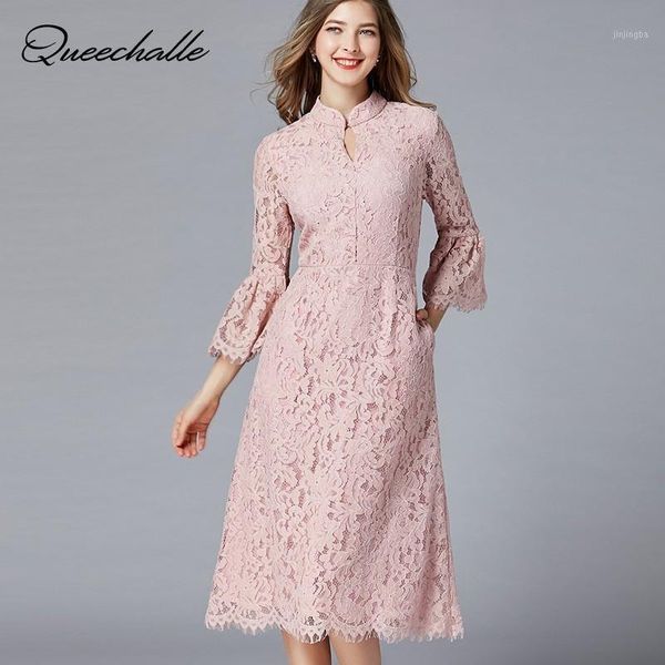 

l - 5xl plus size dress women vintage stand collar elegant lace dress pink hollow 3/4 flare sleeve fit & flare midi party1, Black;gray