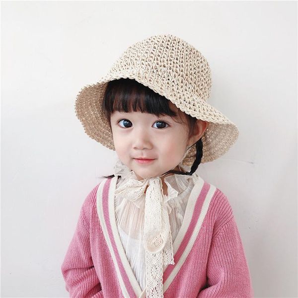 

кокк девушки соломенные шляпы летние солнца шляпы для девочек детские дети детские пляжные шапки длинные кружевные ленты дети солнцезащитный, Blue;gray