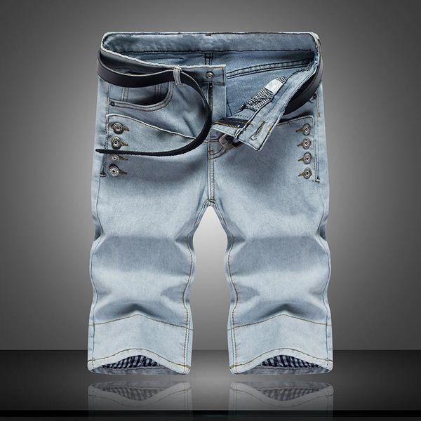 

men's jeans summer light blue denim shorts button decorative elastic youth casual size 28-34