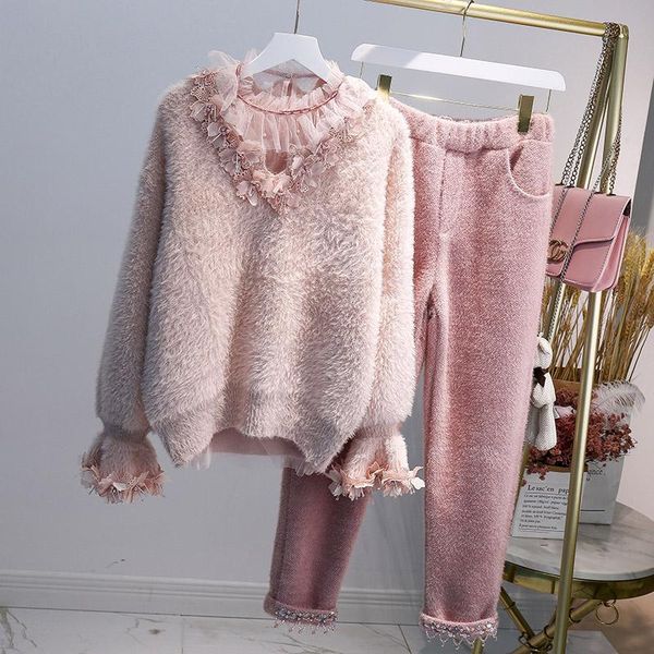 

women's two piece pants heavy industry beading online celebrity foreign style suit mink velvet sweater goddess fan xiaoxiang wind two-p, White
