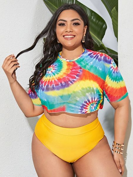 

plus tie dye halter triangle bikini swimsuit with cover up w2wa#, Black