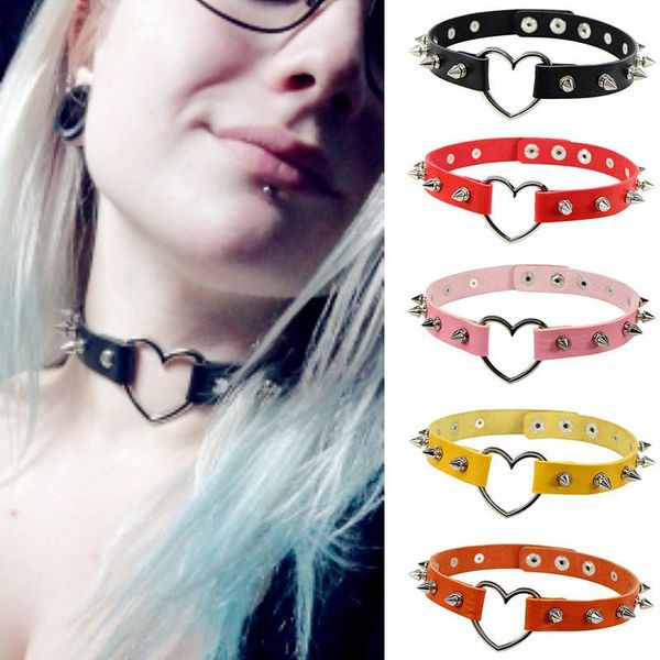 

chokers fashion punk goth rivet heart round choker necklace metal love leather chocker adjustable jewelry for women hip hop, Golden;silver