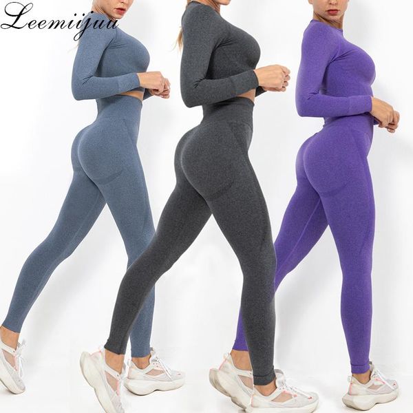 

yoga outfits leemiijuu women set sport suit gymwear workout clothes long sleeve gym crop high waist leggings fitness sports wear, White;red