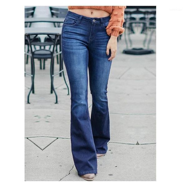 

women's jeans high waist flare women skinny washed button slim solid color women's pants fashion vintage bell bottomed trousers1, Blue
