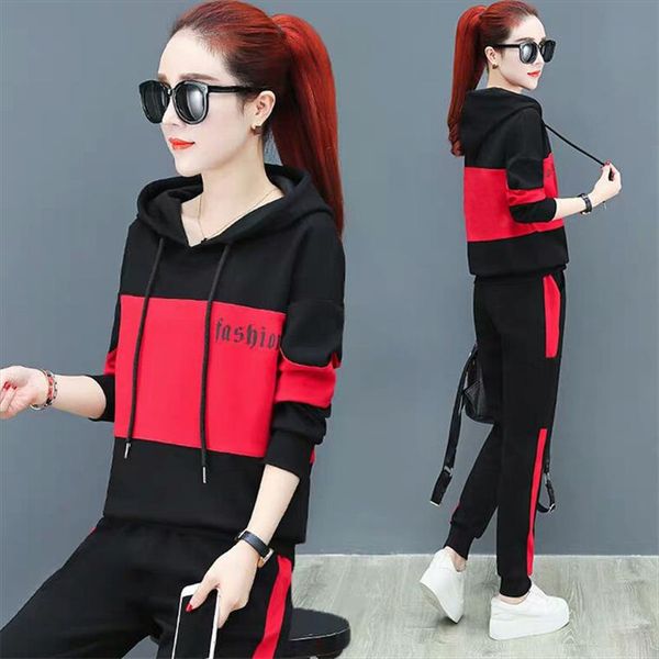 

2021 spring autumn new sports suit female casual korean loose hooded sweatshirt plus size women two piece set and pants, Gray