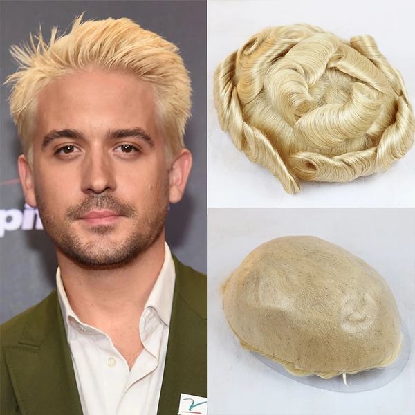 

613 blonde thin skin men toupees human hair replacement system brazilian remy hairs men's toupee 6 inch wave curly hairpieces, Black