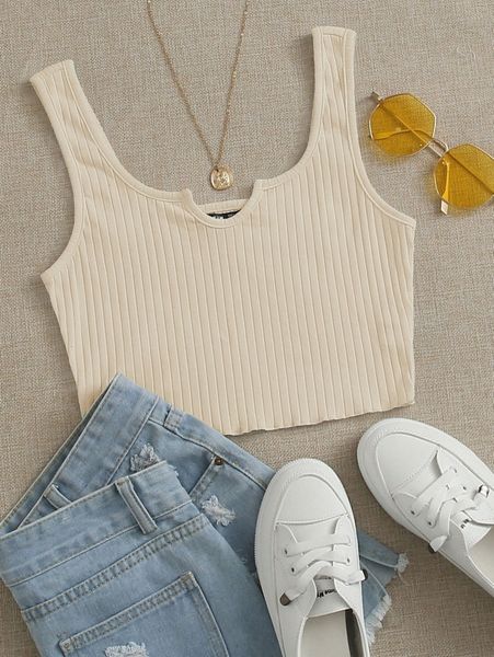 

notch neck lettuce edge rib-knit tank f6ez#, White