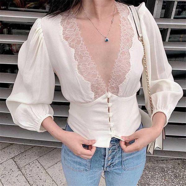 

2020 elegant women blouse shirts puff long sleeve lace v neck white blouses female vintage shirts summer autumn1