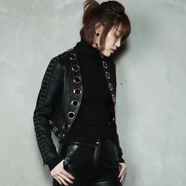 

women's leather & faux garment lady natural sheep women jacket, Black