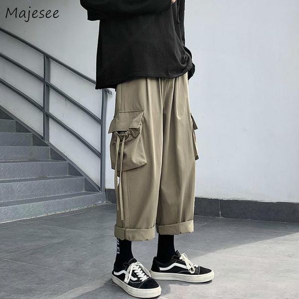

men casual pants solid elastic waist ankle-length black army green pockets fashion simple chic loose korean style all-match ins