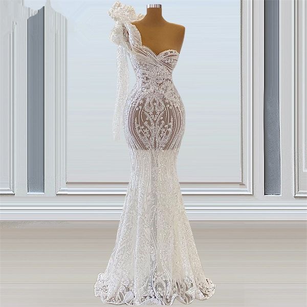 

see through mermaid wedding dresses one shoulder lace 3d-floral appliques bridal gown custom made floor length sequins sequins robes de mari, White