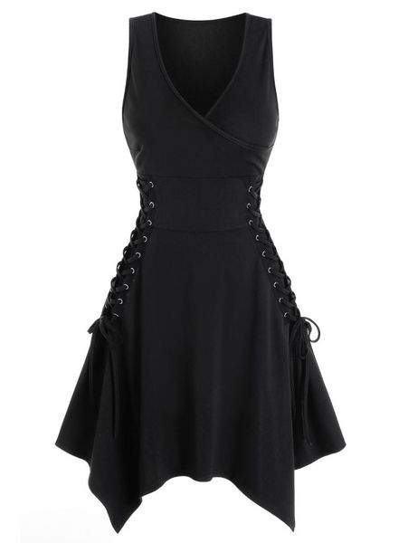 

wipalo gothic black women dress plus size sleeveless side lace-up handkerchief dress v-neck mini vestido robe casual style, Black;gray