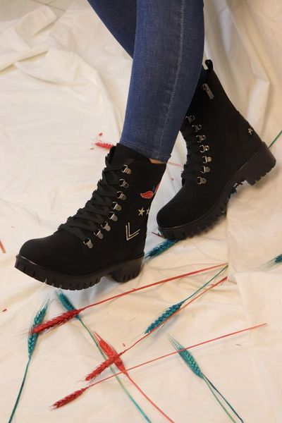 

boots flat sole zipper lace-up half mid sergeant for lady, Black
