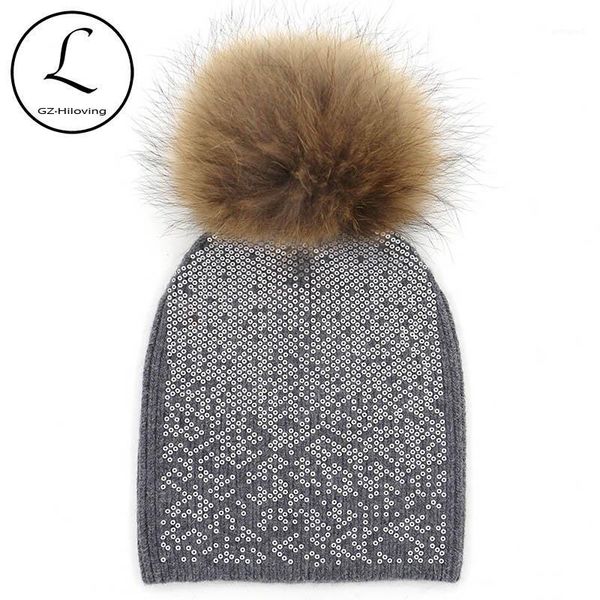

beanie/skull caps gzhilovingl 2021 winter beanies real raccoon fur pom hat girls fashion knitted wool thick hats women skullies beanies1, Blue;gray