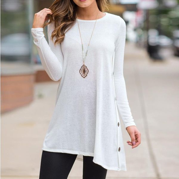 

fashion solid buttons hem blouse casual autumn winter ladies loose bottom female women long sleeve shirt blusas pullover, White