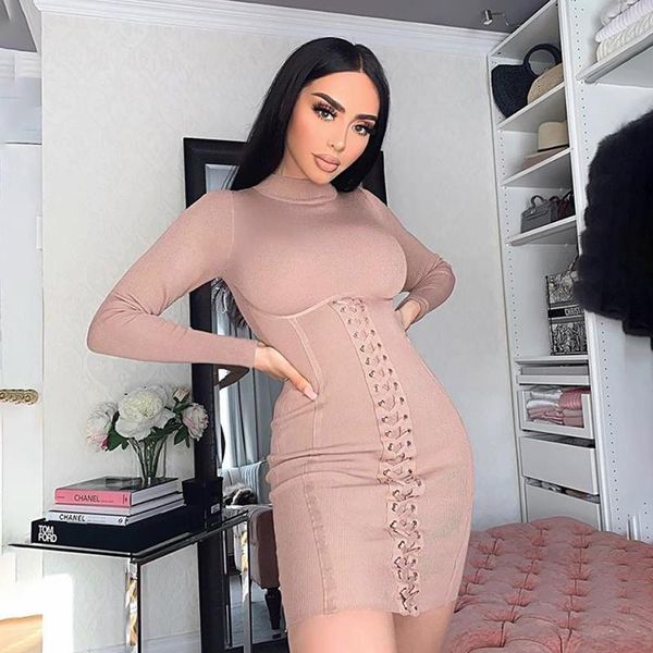 

2021 bandage drawstring turtleneck long sleeve ribbed bow women's dress skinny stretchy solid slim dresses bodycon streetwear, Black;gray