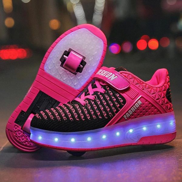 

new pink usb charging fashion girls boys led light roller skate shoes for children kids sneakers with wheels two wheels #ad1e