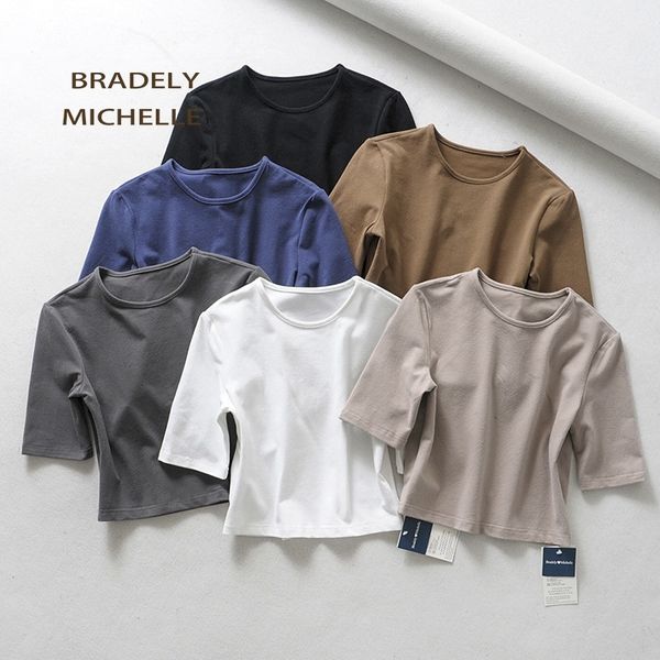 

bradely michelle crop for women female pure cotton o-neck half-length sleeve solid elasticity shirt y200109, White