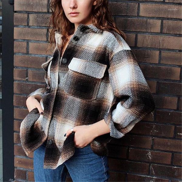 

stylish pockets oversized plaid jacket coat fashion lapel collar long sleeve loose female coat female outwear warm causal 1, Black;brown