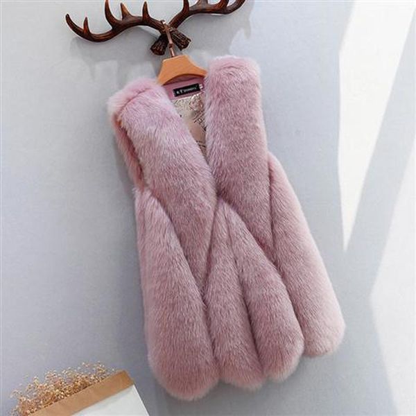 

fashion woman autumn winter faux fur vest female oversize rabbit coat sleeveless outerwear casual warm artificial jacket, Black