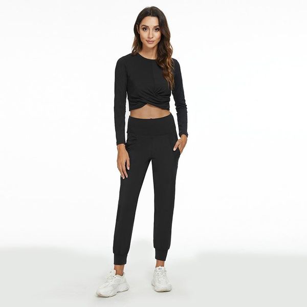 

yoga outfits women leaky navel sports set fitness suits gym cloth long sleeve shirts running leggings workout pants, White;red