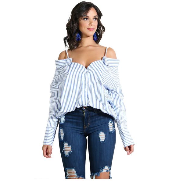 

one-shoulder ladies sling straps button striped long-sleeved shirt ladies casual shirt, White