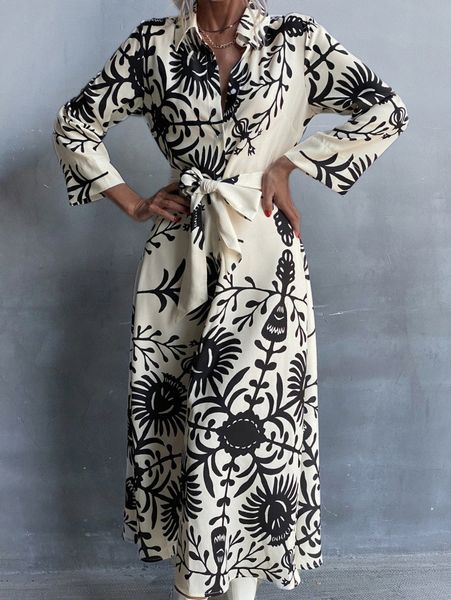 

floral print self belted shirt dress b3wm#, Black;gray