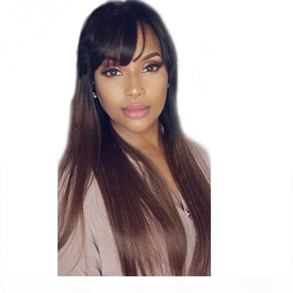 

lace front human hair wigs with bangs 1b30 ombre straight 130 density peruvian remy hair natural hairline full fringe wig, Black