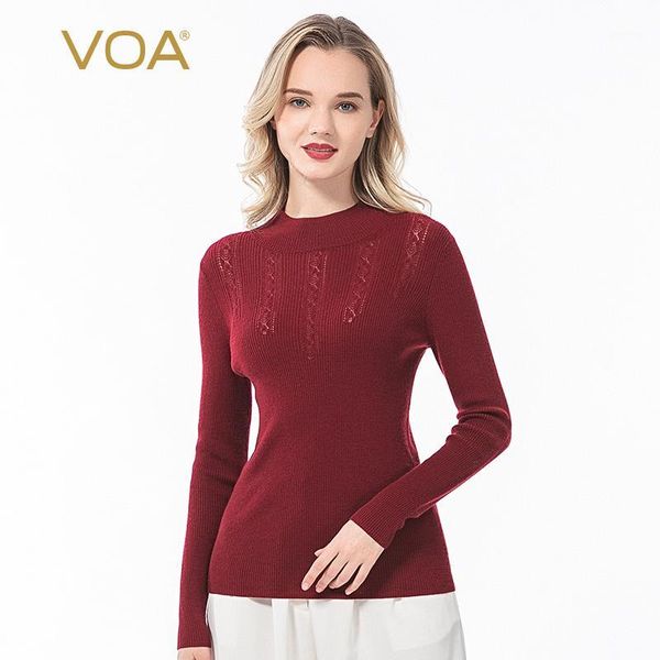 

voa pure cashmere half turtleneck concave thread strip hollow design holster long sleeve slim burgundy sweater r131, White;black