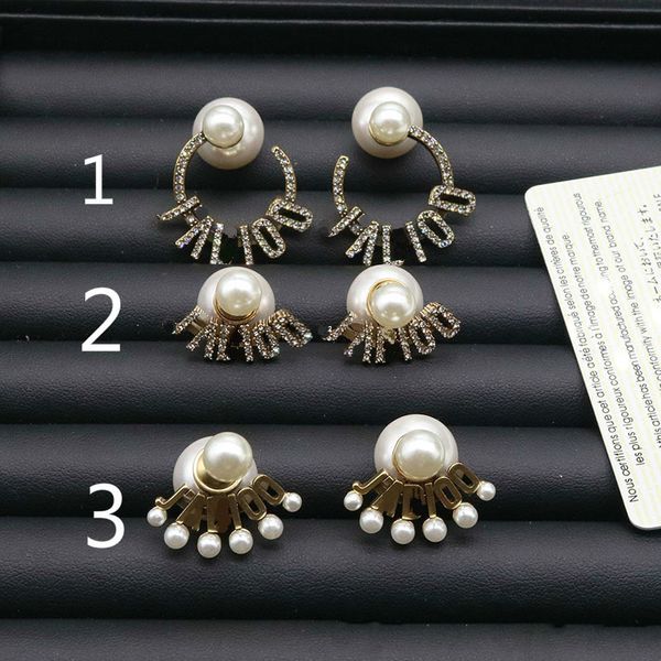 

d home 2020 new rear-mounted pearl earrings women's internet celebrity full diamond letter earrings s925 silver needle, White