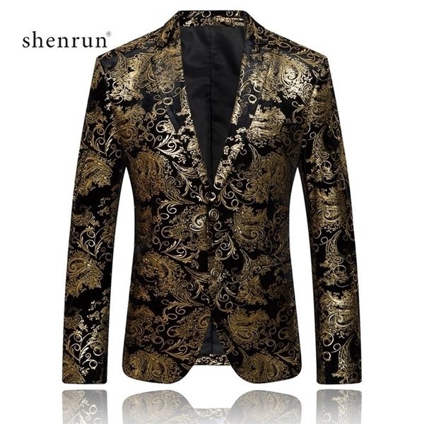 Shenrun homens blazers ouro prata padrão floral jaquetas de veludo fino fita macho jaqueta de casamento festa de banquete de casamento traje 201106