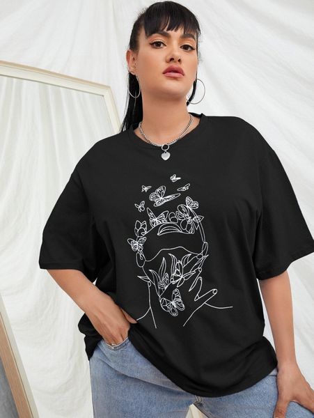 

plus butterfly & abstract figure graphic oversized tee f2yn#, Black