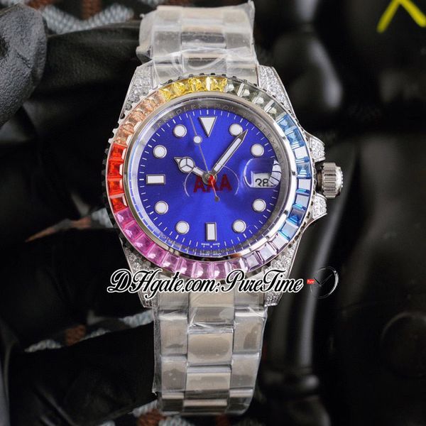 

2021 rainbow diamond bezel blue dial automatic mens watch stainless steel bracelet hip hop bling jewelry watches ptrx new puretime e393, Slivery;brown