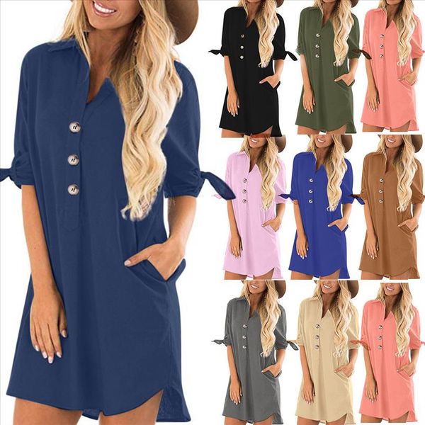 

2020 fashion solid color short dress womens cotton linen roll tab 3 4 sleeve v neck button pocket solid dress linen dress, Black;gray