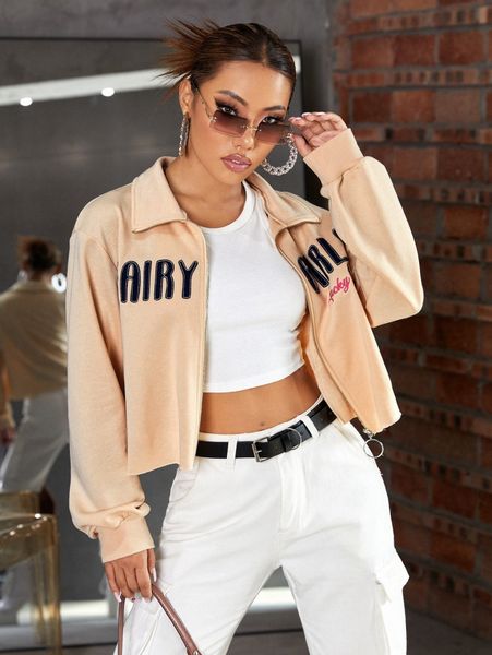 

letter embroidery lantern sleeve o-ring zipper sweatshirt z8pm#, White;black