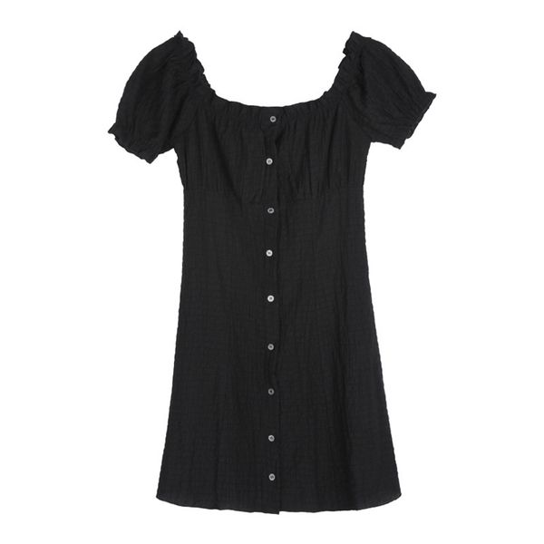 

2021 new summer square neck clavicle pattern plied french female self-grown medium dress b32j, Black;gray