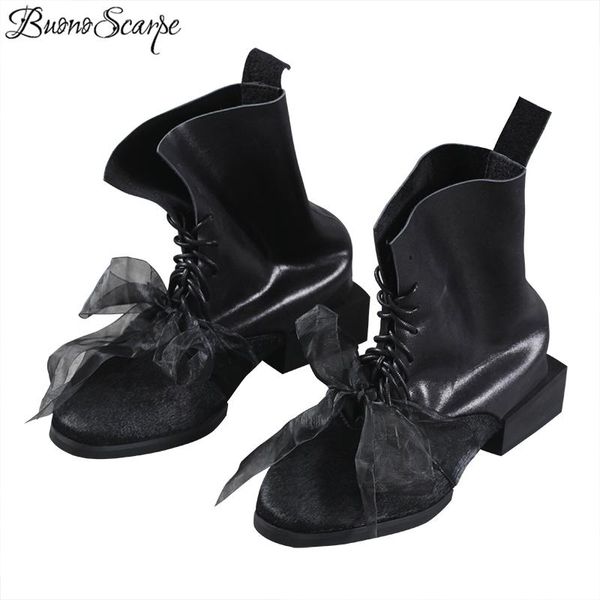 

boots buonoscarpe retro real cow leather lace up short handmade chunky heel ankle riband tied horse hair patchwork shoes, Black