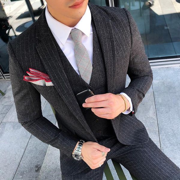 

men's suits & blazers men's stripe slim men business casual clothing (blazer+vest+pant ) trajes de hombre costume mariage homme gr, White;black