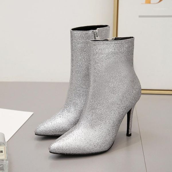 

2020 women ankle boots soft sheepskin zippers winter silver color square heel pointed toe high heels women boots1, Black