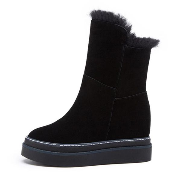 

2020 women's snow boots genuine leather hidden heel ladies boot winter plush mid-calf boots women winter boot snow shoe c049, Black