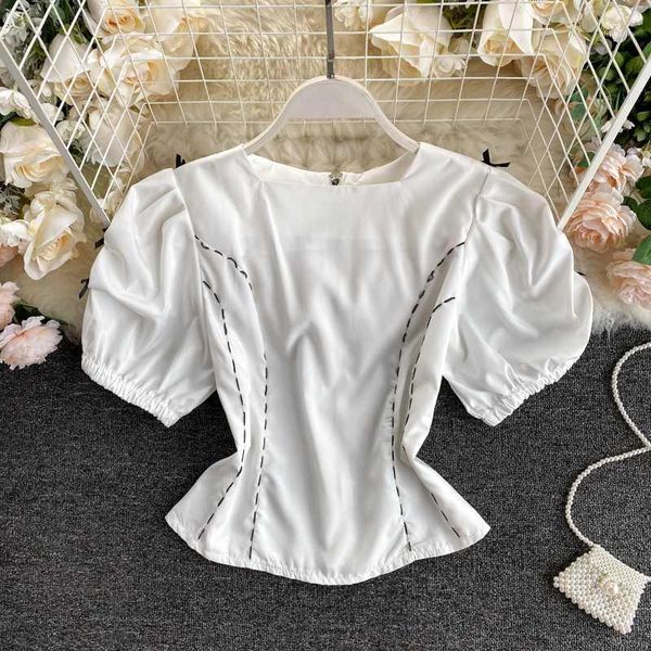 

summer wear for women 2020 new fashion short puff sleeve white chiffon shirt loose slimming shirt blouse n3421