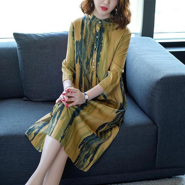 

new 2020 elegant stand collar printed ladies dress three quarter sleeve casual mid-calf casual dresses literary vestidos re21321, Black;gray