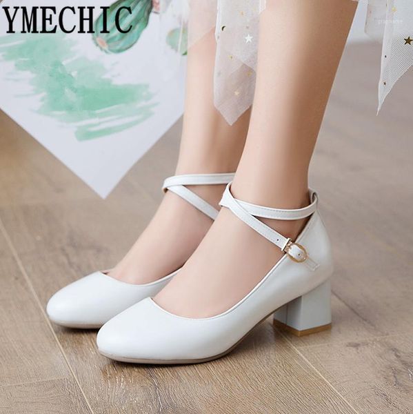 

ymechic 2021 new summer womens shoes heels ankle buckle strap black white high block heel party ladies wedding shoes plus size1