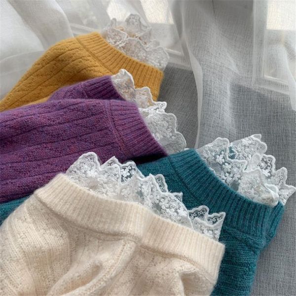 

fashion sweet women's winter sweaters 2020 new arrival loose solid pullovers warm lace stitching sweater femmes chandails1, White;black