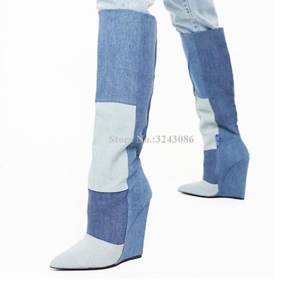 

boots fashion denim wedge long women jeans knee high lady large size winter dropship banquet shoes, Black