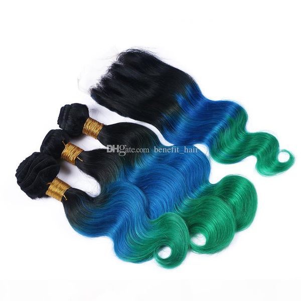 

ombre color brazilian body wave virgin hair weft extensions with closure 4x4dark roots 1b blue green human hair 3bundles with closure, Black